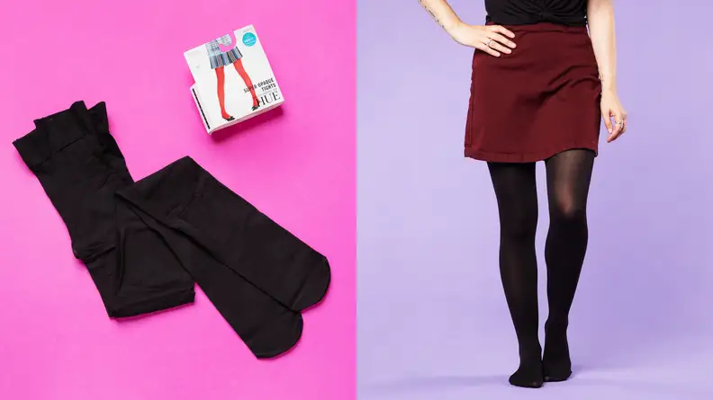 Collage of the Hue Super Opaque tights against a fuchsia background and a woman wearing them on the right.