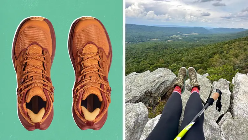 A product shot of a Hoka hiking boot and a photograph of a hiker’s legs wearing the same boots.