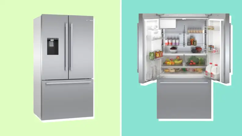 Two refrigerators, one closed and the other open with food and condiments inside, next to each other in front of a background.