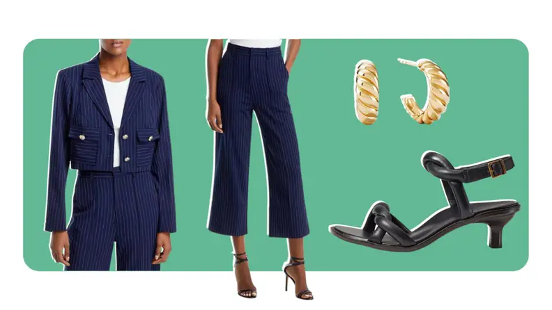 Pinstripe suit, earrings, sandal.