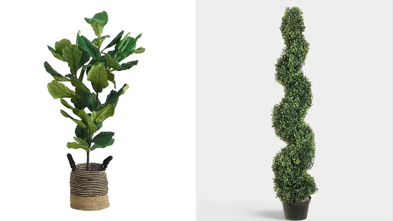 A split image of fake plants from World Market, one of the best places to buy artificial plants.