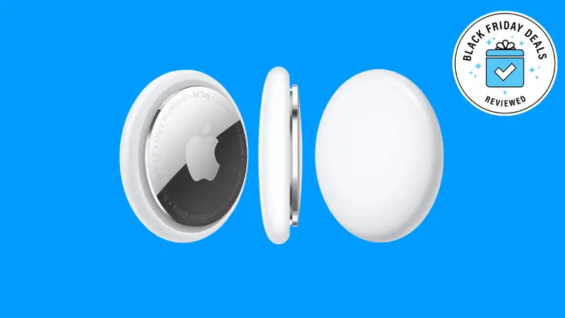 Three Apple AirTags with the Black Friday Deals Reviewed badge in front of a colored background.