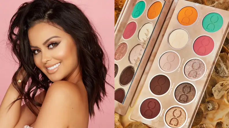 On the left: The founder of Dominique Cosmetics. On the right: A colorful eyeshadow palette on display.