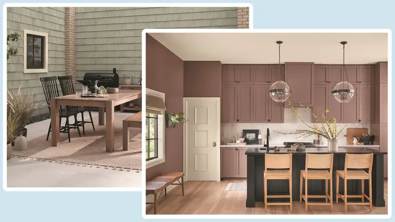 A dining room with a kitchen and a patio dining set.