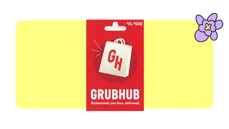 A Grubhub gift card attached to its original packaging in front of a yellow background with a purple cartoon flower.