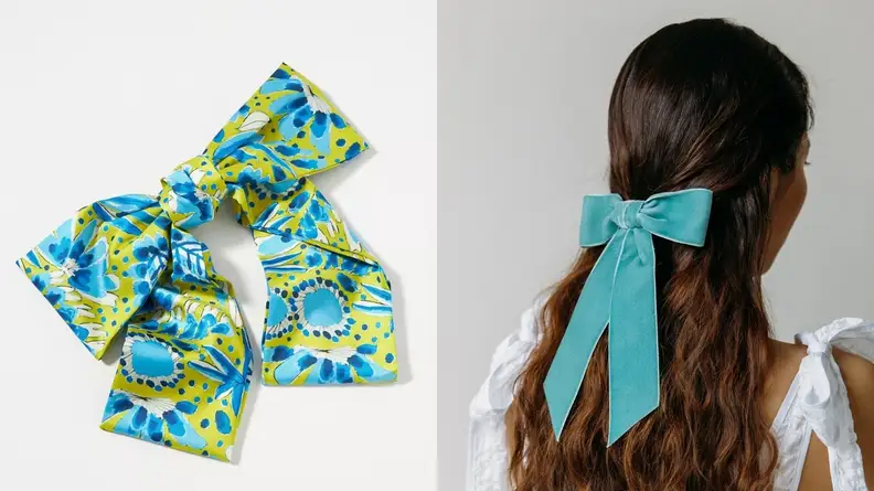 On the left: A blue and green patterned hair ribbon sits on a white background. On the right: The back of a person's head with a blue ribbon tied in their long, dark brown hair.