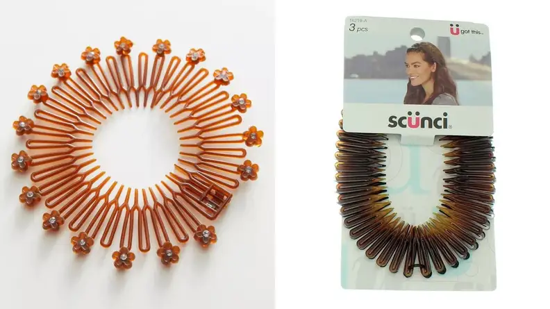On the left: A light brown comb headband with flowers on the ends of the talons. On the right: A brown Scunci headband in its packaging on a white background.