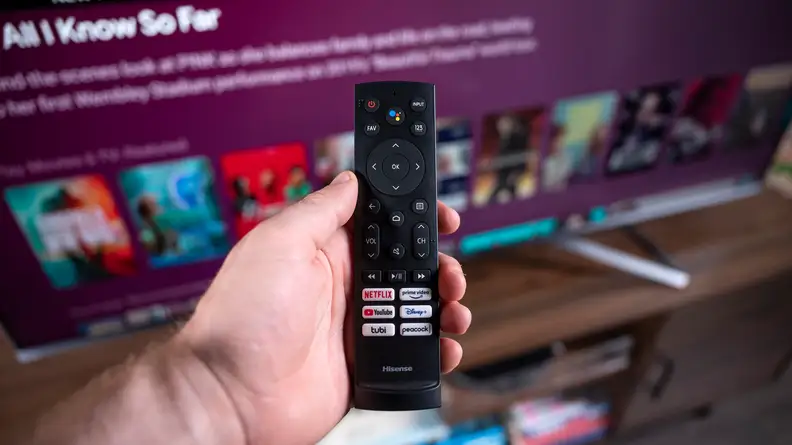 A close-up of the Hisense remote control