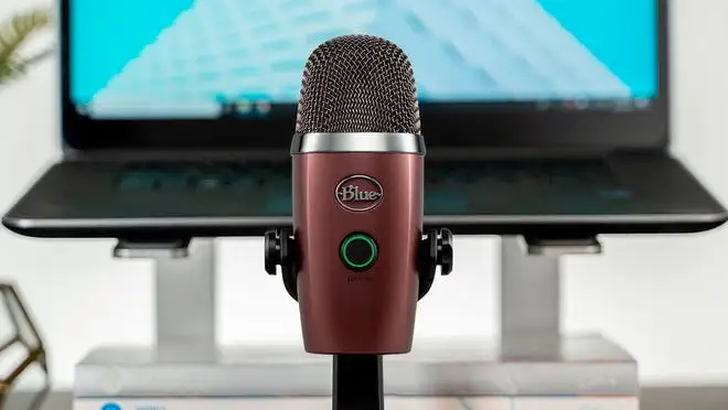 A microphone in front of a laptop.