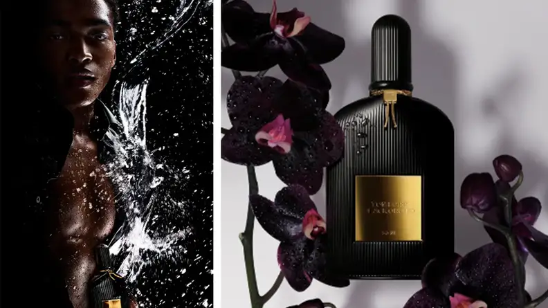 A model holds a bottle of perfume while being splashed with water