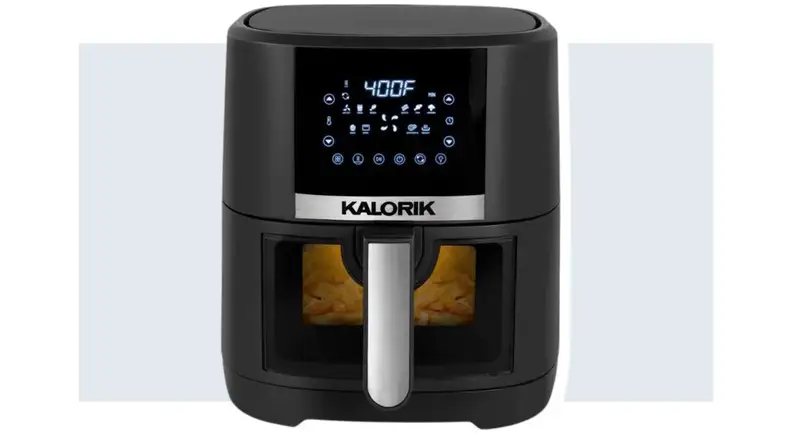 Product shot of the black and stainless steel Kalorik 5-Quart Digital Air Fryer with control panel and small screen displaying cooking temperature.