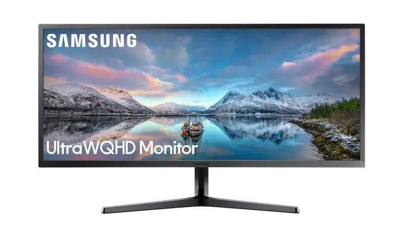 Computer monitor in front of white background.