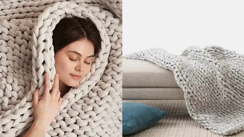 Left: Woman wrapped in Bearaby Weighted Blanket. Right: Bearaby Weighted Blanket draped on couch.