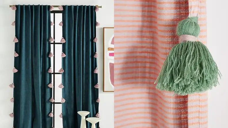 A close up of curtain tassels and a full length shot of curtains from Anthropologie.
