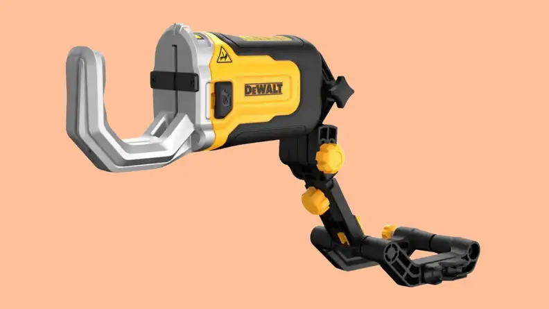 A close-up of the Dewaltt PVC cutter floating in an orange void.