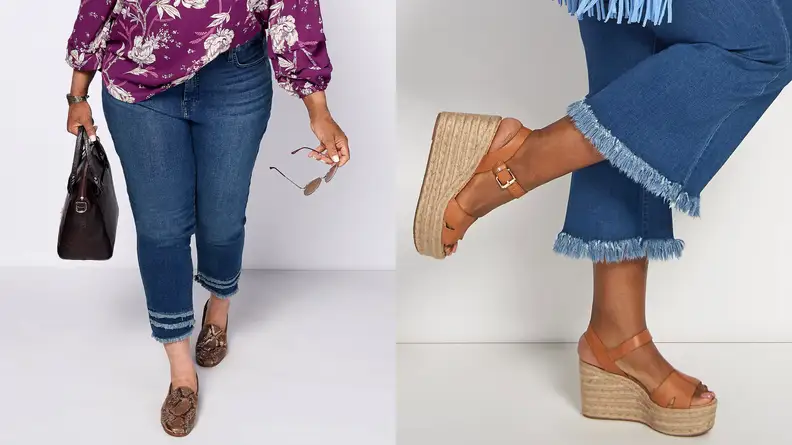 A split image of a person wearing Sam Edelman loafers, and another person wearing Sam Edelman wedge sandals—both of which are available on the QVC website.