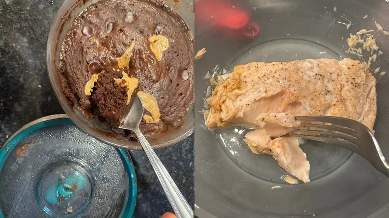 On left, spoon scooping out chocolate cake out of molten lava cake in microwaveable bowl. On right, fork on plate next to cooked salmon filet.