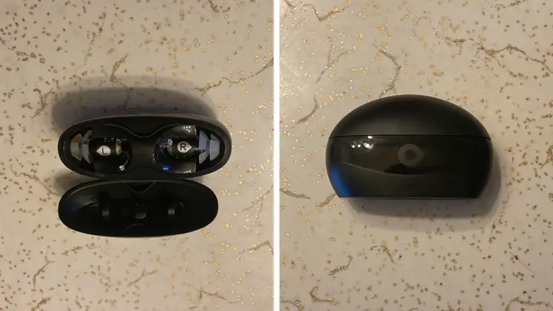 the Eargo SE charging case in open and closed positions