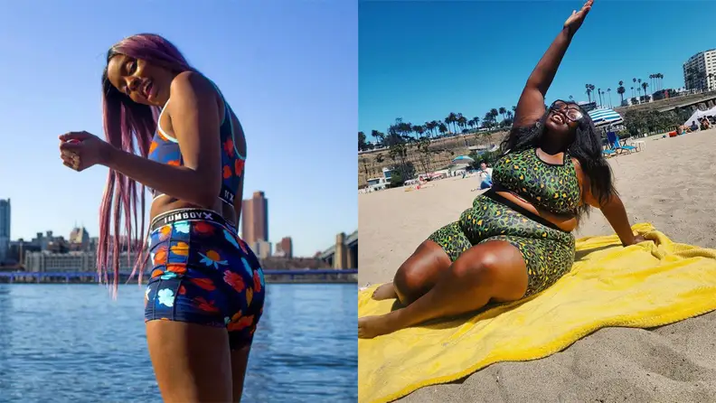 Two humans in TomboyX swim attire.