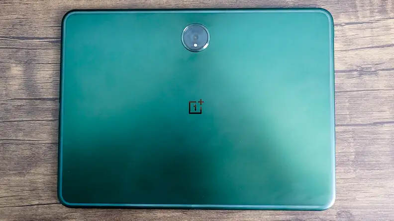 the back of the OnePlus Pad, featuring it's 13 megapixel camera and aluminum finish.