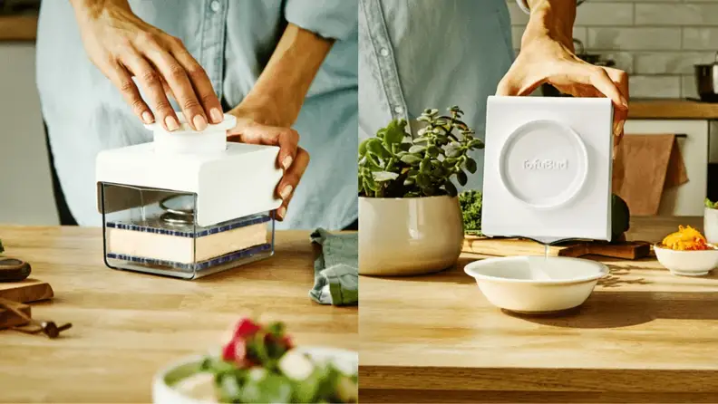 A pair of photographs show how easy it is to drain the excess liquid from the TofuBud tofu press.
