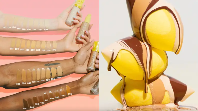 On the left: Four arms of different skin tones have swatches of foundation on them. On the right: Three yellow makeup sponges stacked on top of each other with different shades of foundation dripping down them.