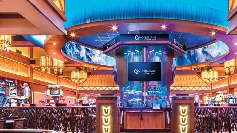 The bright and colorful casino area of a hotel
