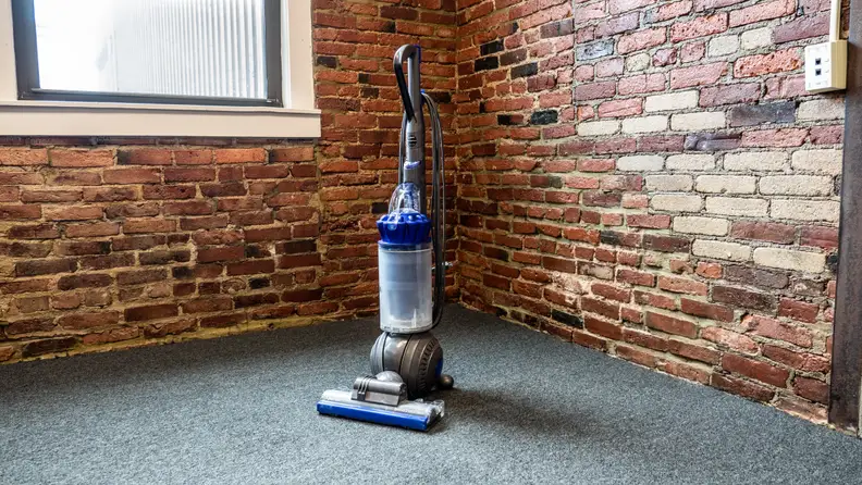 The Dyson Ball Animal 2 in a room by itself on gray carpet in front of a brick wall with a window
