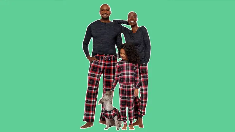 family in matching plaid Pjs