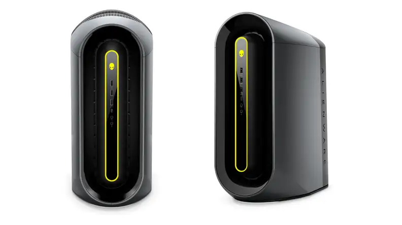 Two images of the Alienware PC with its black and green chassis.