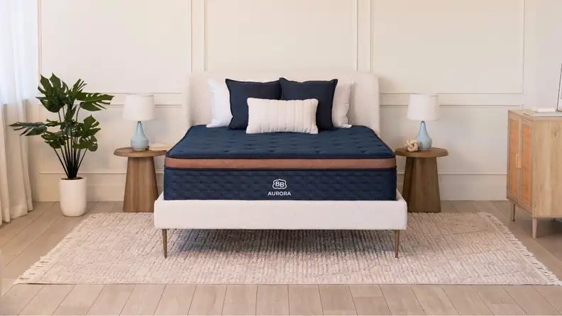 A mattress with no sheets sits on a bedframe in a nicely decorated bedroom