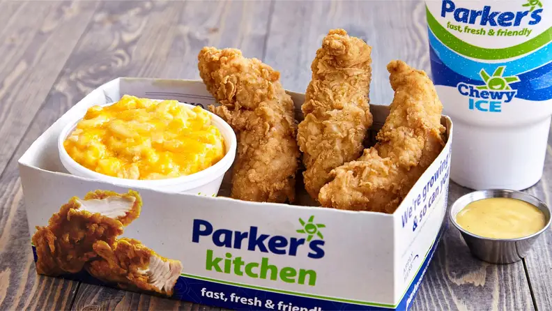 Fried chicken tenders, mac and cheese, and a drink from Parker's Kitchen
