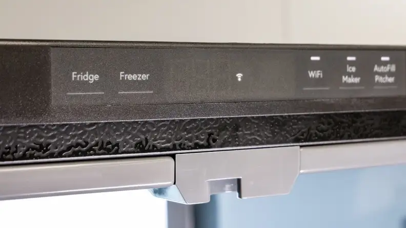 A close-up of the fridge's control panel, which allows you to set the fridge and freezer temperatures, as well as toggle the ice maker and autofill pitcher.