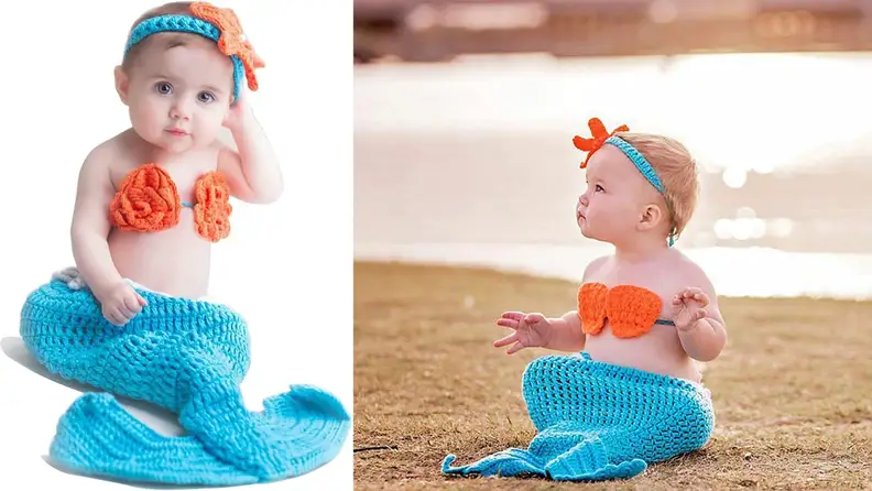 Two infants dressed as mermaids.