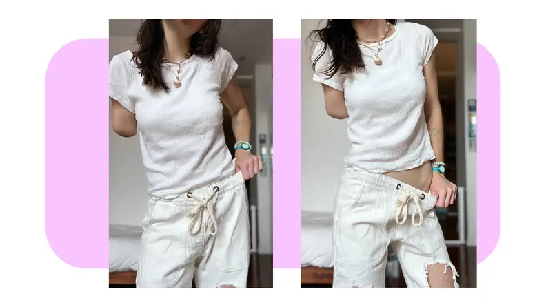 Person displaying the Soft White Shabbies pants.