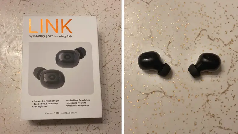 Photo collage of the packaging for the Eargo Link hearing aids next to a pair of  Eargo Link hearing aids on a countertop.