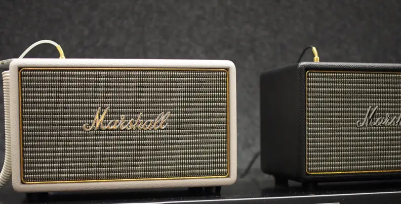 The Marshall Acton speaker works with personal devices via 3.5mm or Bluetooth.