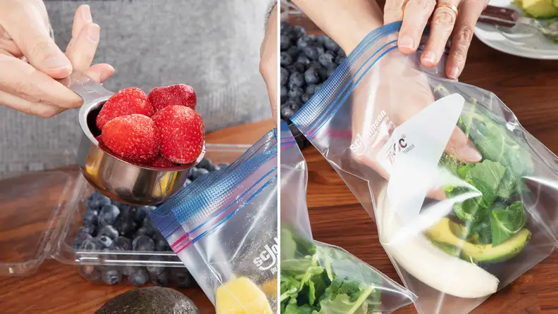 Left: adding strawberries to bag. Right: Adding greens to bag filled with banana and avocado.