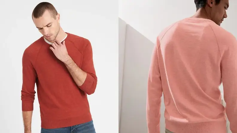 Man wearing red garter stitch crewneck sweatshirt from Banana Republic, pink sweatshirt from Banana Republic.