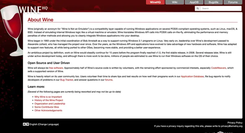 The Wine software website's 'about' section.