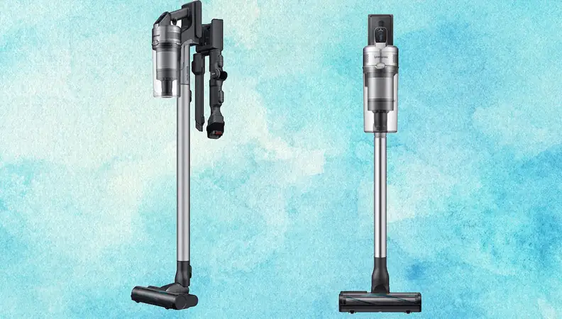 Two Samsung Jet vacuums next to each other on a light blue background.