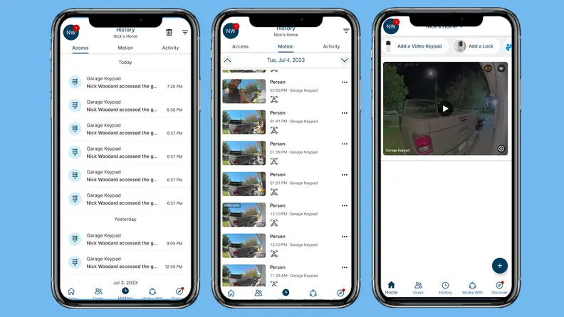 Three screenshots from the MyQ phone app on a blue background.