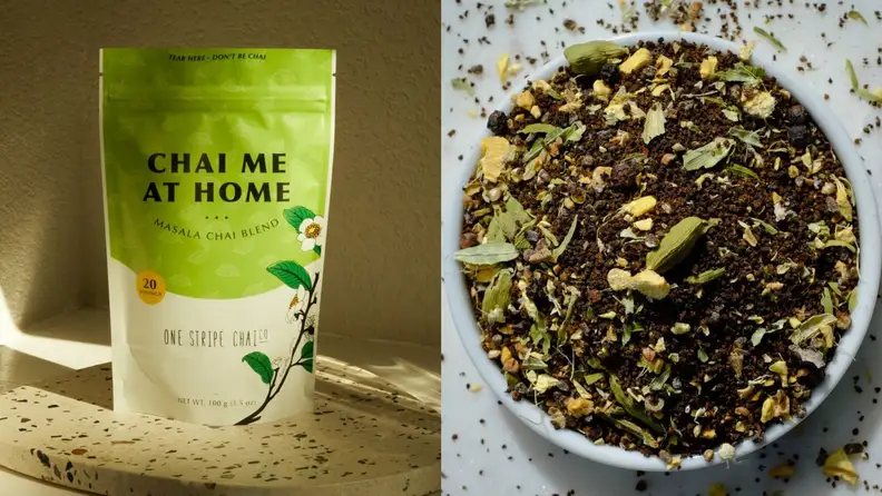The loose leaf masala chai tastes like black pepper, ginger, and fragrant green cardamom.