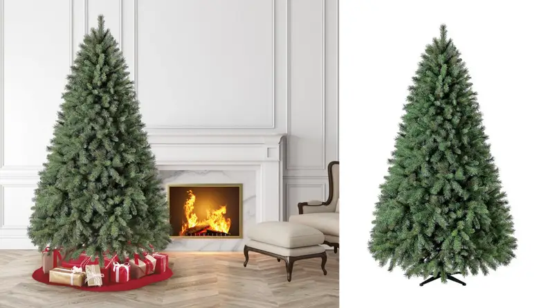 An image of a fake Christmas tree beside a fireplace alongside an image of that same tree on a white background.