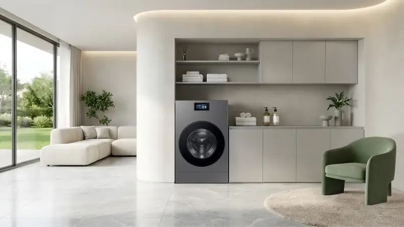 Beautiful, sunny room with a Samsung Bespoke AI Laundry Combo