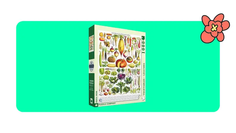 New York puzzle company 1000 piece vegetable puzzle on a green background