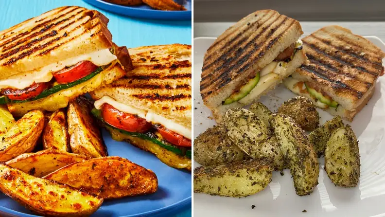 On left, an EveryPlate photo of Charred Zucchini & Tomato Melts on blue background. On right, Reviewed image of the recipe.
