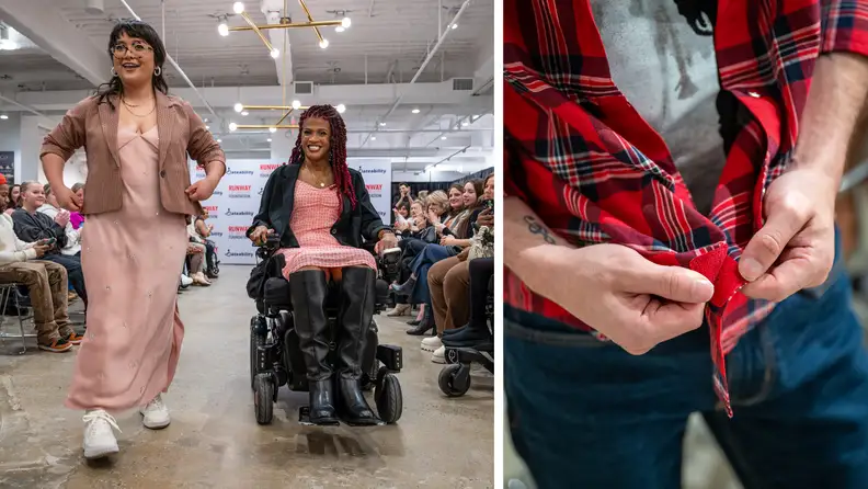 On left, two disabled people on runway showcasing clothes. On right, person fastening flannel shirt together.