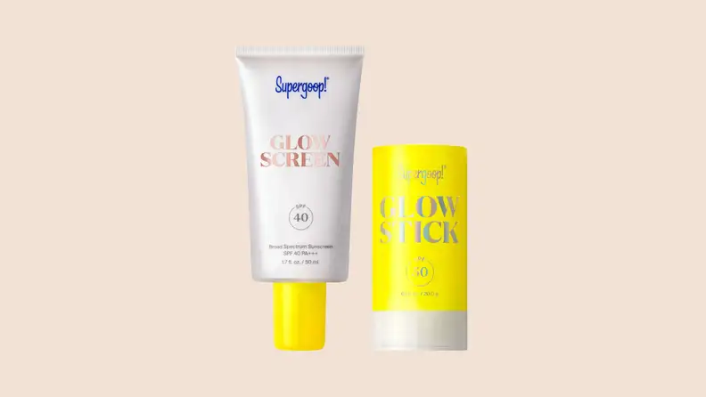 Two sunscreen products stand against a beige background.