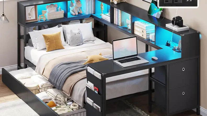 Black DICTAC corner twin bed frame with desk, bookshelves, LED lights, and under-bed storage drawer